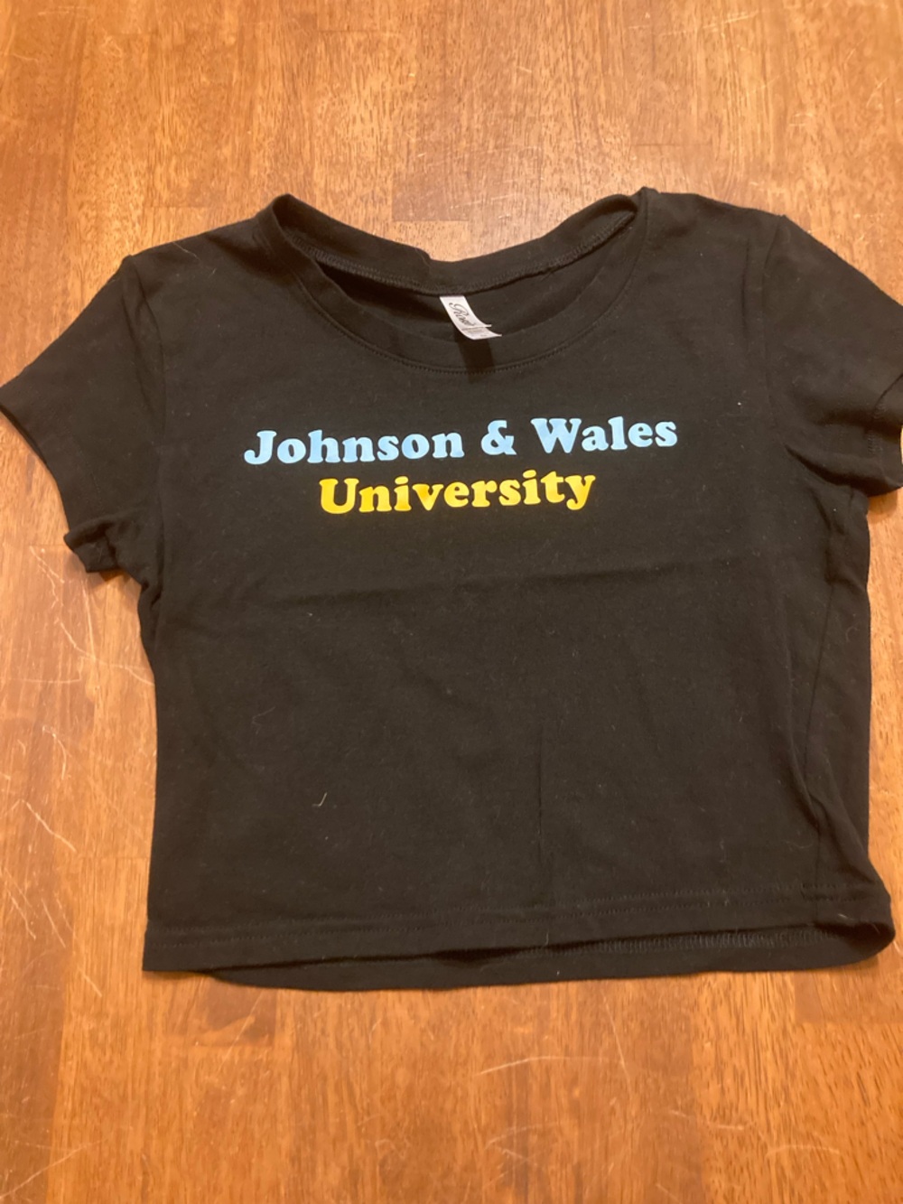 Custom Johnson and Wales top Black Crop Top with Blue and Yellow Text